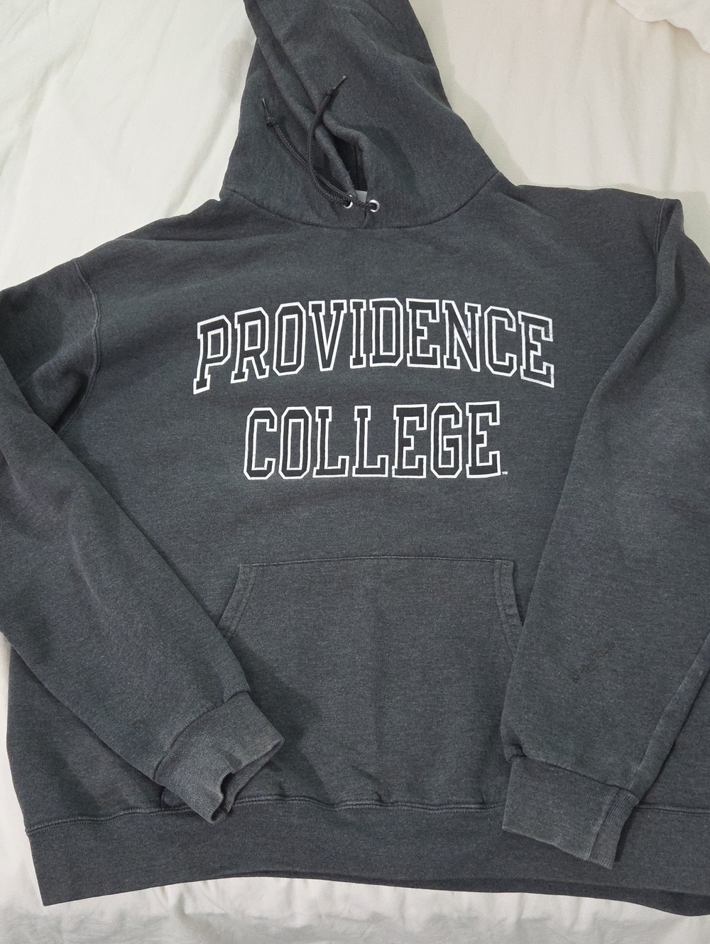 CHAMPION, Charcoal Gray Hooded Sweatshirt with White Lettering